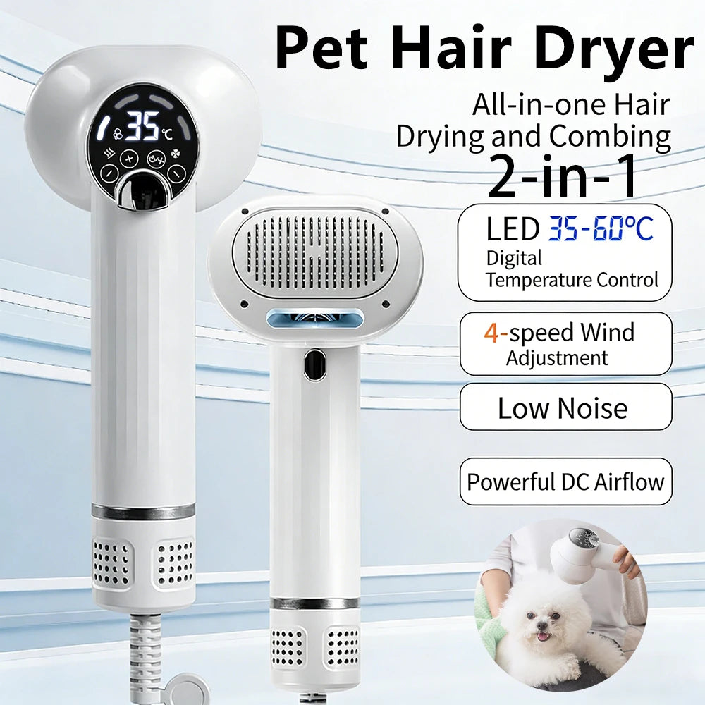 2-in-1 Low Noise Pet Hair Dryer for Dogs Cats 4-Gear with Slicker Brush&LED Display Intelligent Temperature Control Pet Supplies