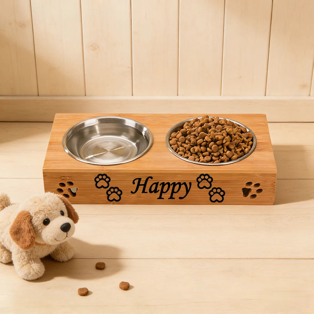 Customized Personalized Bamboo Wood Dining Table Pet Double Bowl Cat Dog Stainless Steel Food Bowl Anti Knockover Pet Supplies