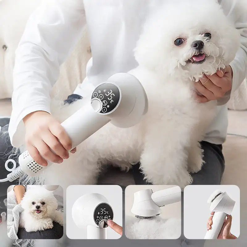 2-in-1 Low Noise Pet Hair Dryer for Dogs Cats 4-Gear with Slicker Brush&LED Display Intelligent Temperature Control Pet Supplies